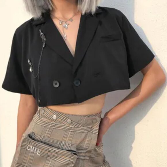 YesStyle Gray Crop Blazer Shirt Top with Jewel Embellishment, Size Small - Picture 1 of 11